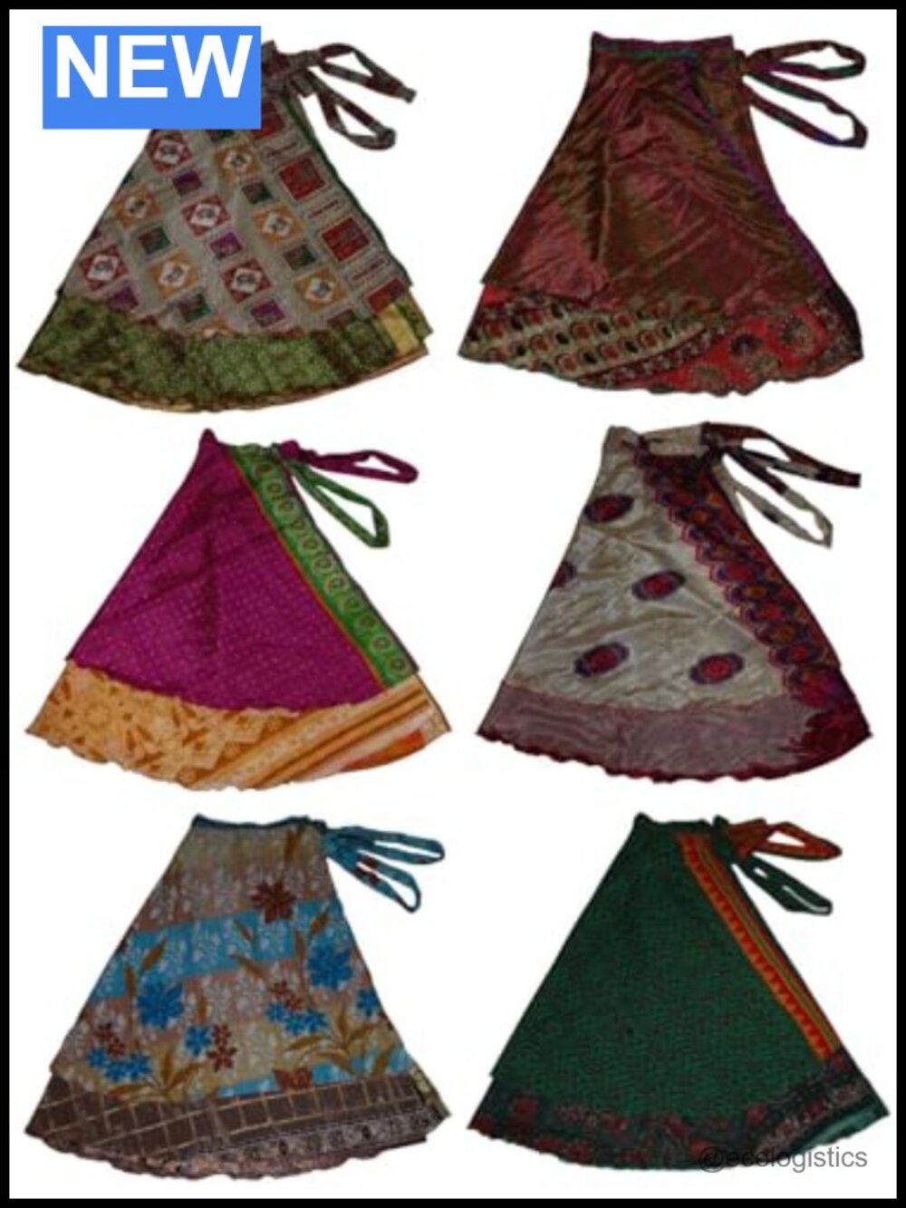 Set of 5 Art Silk Wrap Skirts - Plus Size Reversible Sari Skirts